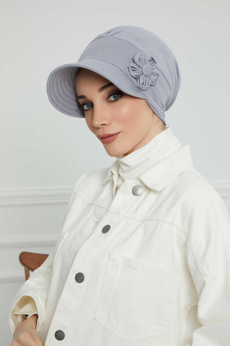 Sun Shield Visor Instant Turban with Flowers Accent, Floral Visor Cap for Women, Sun Protective Women Newsboy Hat, Cotton Chemo Bonnet,B-72 Grey 2