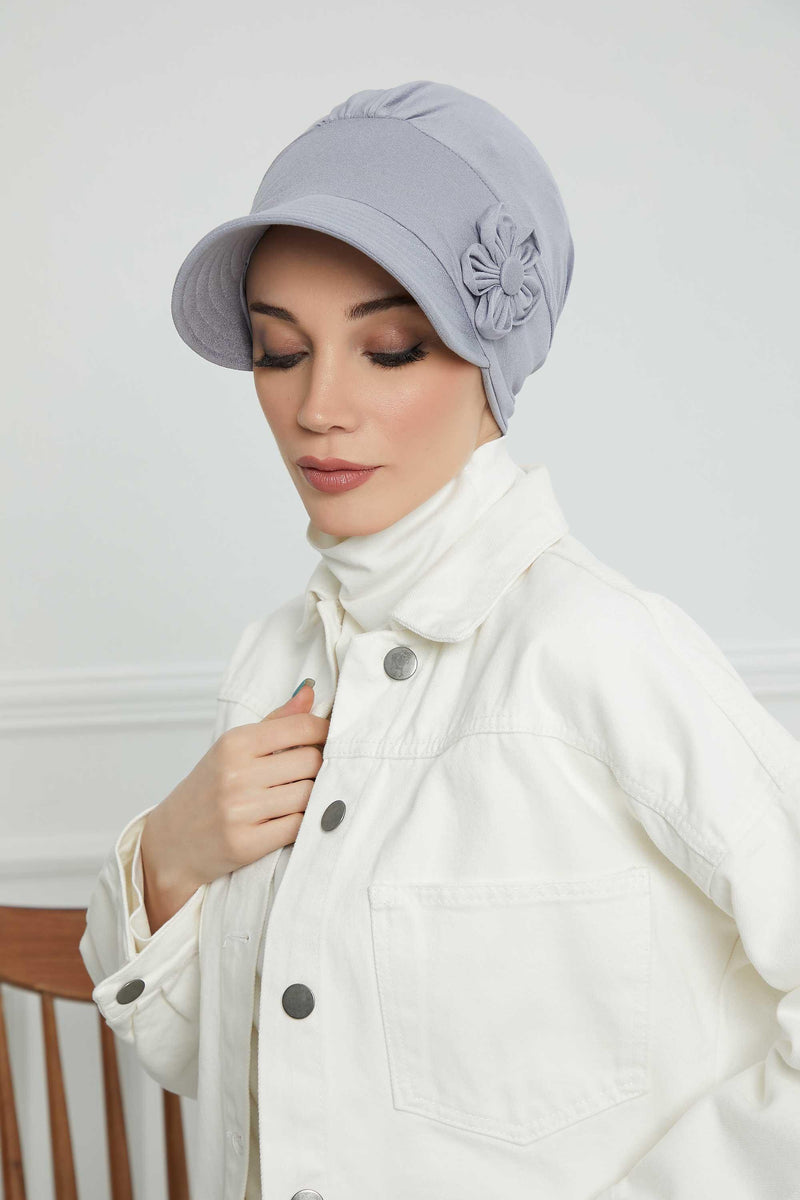Sun Shield Visor Instant Turban with Flowers Accent, Floral Visor Cap for Women, Sun Protective Women Newsboy Hat, Cotton Chemo Bonnet,B-72 Grey 2