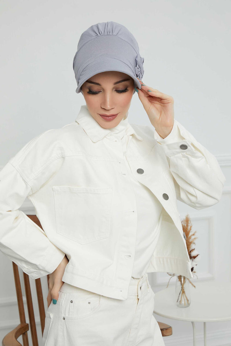 Sun Shield Visor Instant Turban with Flowers Accent, Floral Visor Cap for Women, Sun Protective Women Newsboy Hat, Cotton Chemo Bonnet,B-72 Grey 2