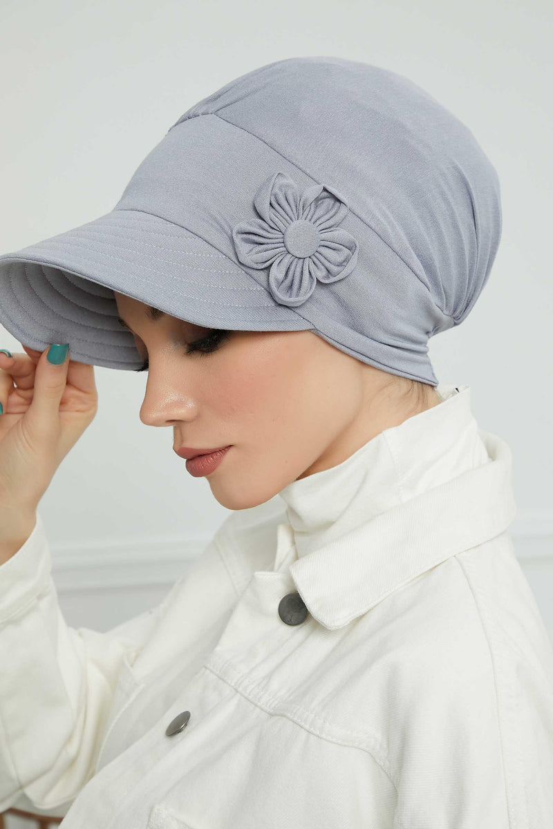 Sun Shield Visor Instant Turban with Flowers Accent, Floral Visor Cap for Women, Sun Protective Women Newsboy Hat, Cotton Chemo Bonnet,B-72 Grey 2