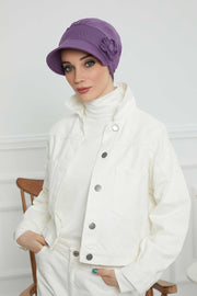 Sun Shield Visor Instant Turban with Flowers Accent, Floral Visor Cap for Women, Sun Protective Women Newsboy Hat, Cotton Chemo Bonnet,B-72 Purple 2