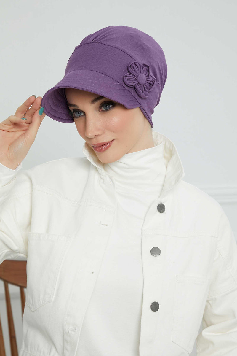 Sun Shield Visor Instant Turban with Flowers Accent, Floral Visor Cap for Women, Sun Protective Women Newsboy Hat, Cotton Chemo Bonnet,B-72 Purple 2