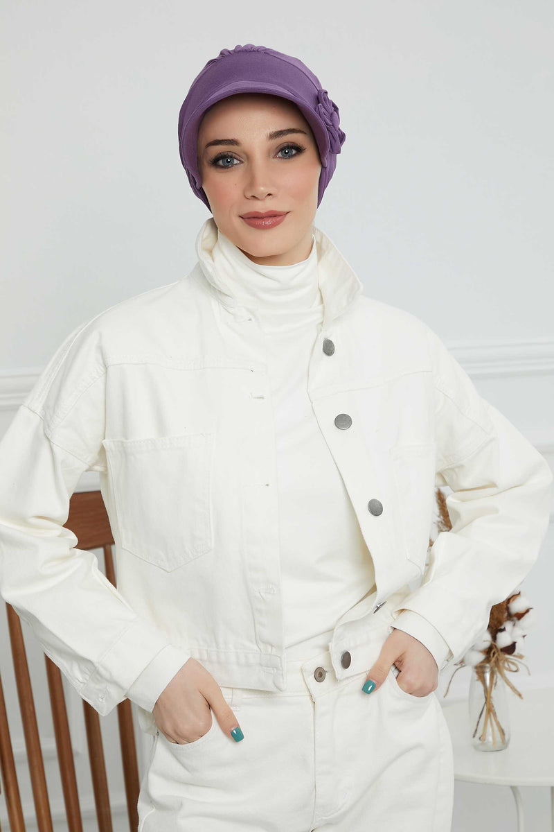 Sun Shield Visor Instant Turban with Flowers Accent, Floral Visor Cap for Women, Sun Protective Women Newsboy Hat, Cotton Chemo Bonnet,B-72 Purple 2