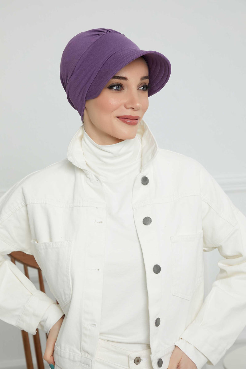 Sun Shield Visor Instant Turban with Flowers Accent, Floral Visor Cap for Women, Sun Protective Women Newsboy Hat, Cotton Chemo Bonnet,B-72 Purple 2