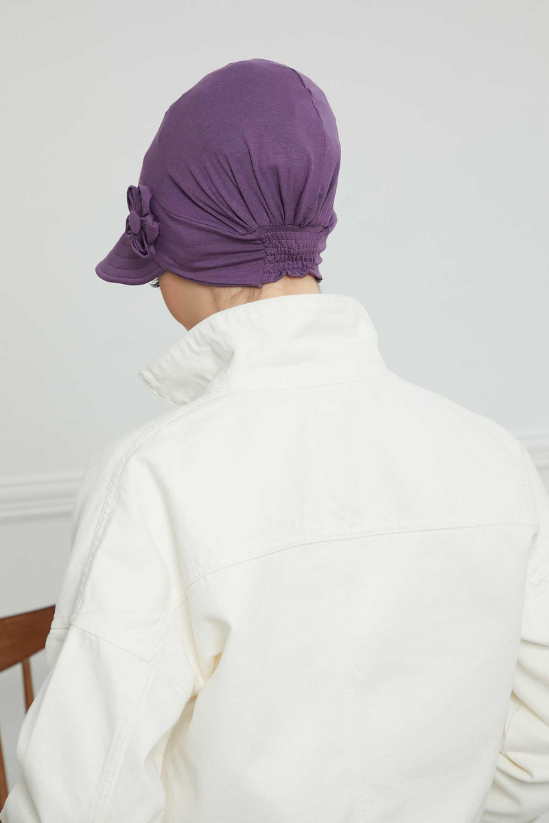 Sun Shield Visor Instant Turban with Flowers Accent, Floral Visor Cap for Women, Sun Protective Women Newsboy Hat, Cotton Chemo Bonnet,B-72 Purple 2