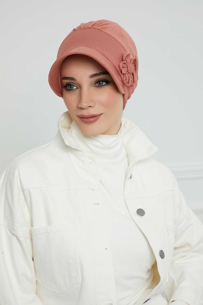 Sun Shield Visor Instant Turban with Flowers Accent, Floral Visor Cap for Women, Sun Protective Women Newsboy Hat, Cotton Chemo Bonnet,B-72 Salmon