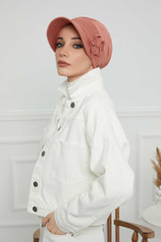 Sun Shield Visor Instant Turban with Flowers Accent, Floral Visor Cap for Women, Sun Protective Women Newsboy Hat, Cotton Chemo Bonnet,B-72 Salmon