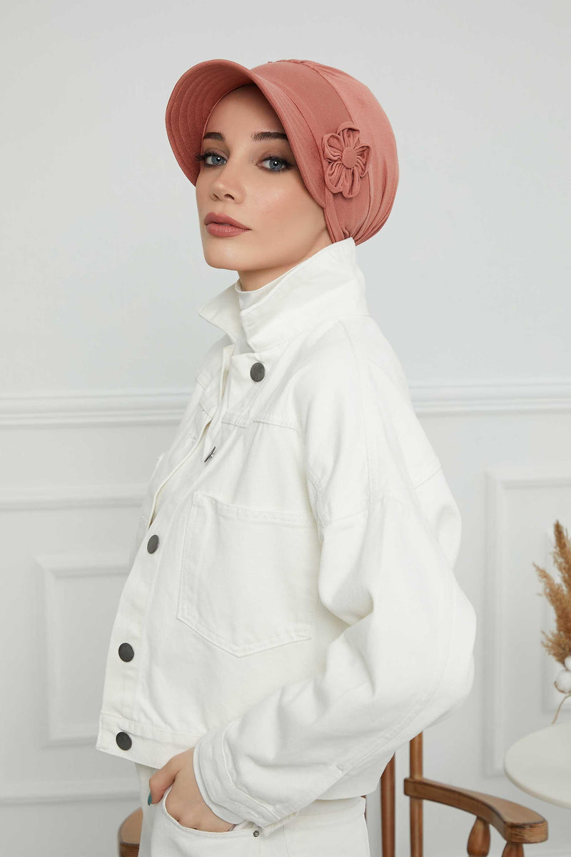 Sun Shield Visor Instant Turban with Flowers Accent, Floral Visor Cap for Women, Sun Protective Women Newsboy Hat, Cotton Chemo Bonnet,B-72 Salmon
