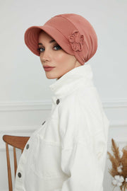 Sun Shield Visor Instant Turban with Flowers Accent, Floral Visor Cap for Women, Sun Protective Women Newsboy Hat, Cotton Chemo Bonnet,B-72 Salmon