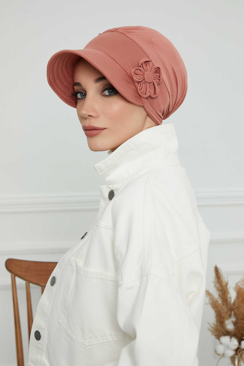 Sun Shield Visor Instant Turban with Flowers Accent, Floral Visor Cap for Women, Sun Protective Women Newsboy Hat, Cotton Chemo Bonnet,B-72 Salmon