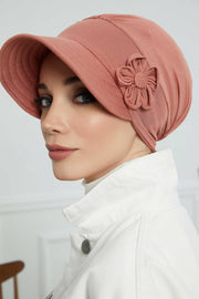 Sun Shield Visor Instant Turban with Flowers Accent, Floral Visor Cap for Women, Sun Protective Women Newsboy Hat, Cotton Chemo Bonnet,B-72 Salmon
