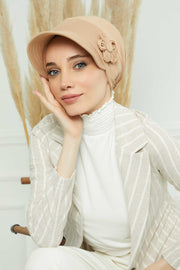 Sun Shield Visor Instant Turban with Flowers Accent, Floral Visor Cap for Women, Sun Protective Women Newsboy Hat, Cotton Chemo Bonnet,B-72 Sand Brown