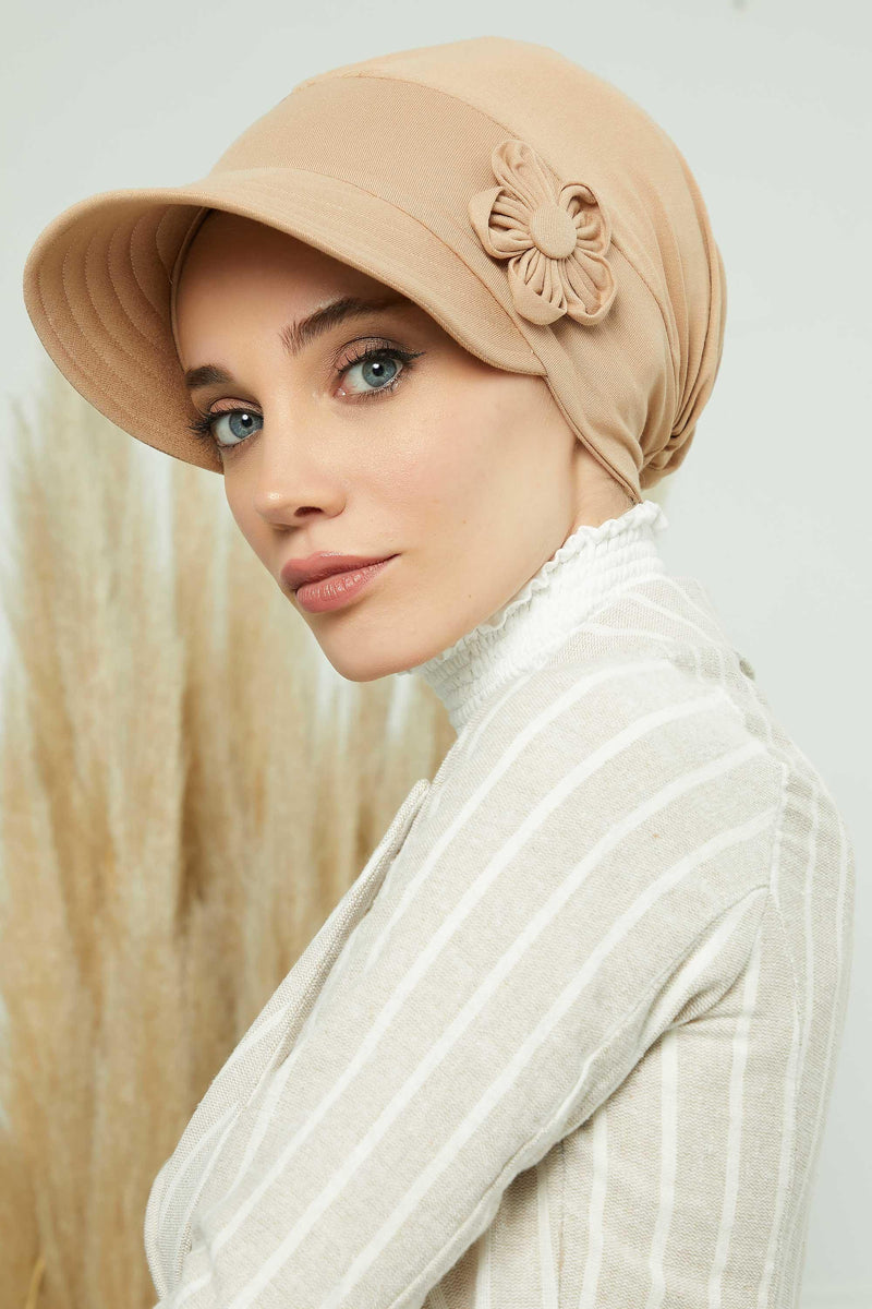 Sun Shield Visor Instant Turban with Flowers Accent, Floral Visor Cap for Women, Sun Protective Women Newsboy Hat, Cotton Chemo Bonnet,B-72 Sand Brown