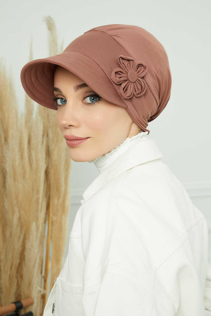 Sun Shield Visor Instant Turban with Flowers Accent, Floral Visor Cap for Women, Sun Protective Women Newsboy Hat, Cotton Chemo Bonnet,B-72 Caramel Brown