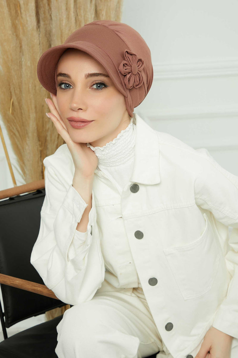 Sun Shield Visor Instant Turban with Flowers Accent, Floral Visor Cap for Women, Sun Protective Women Newsboy Hat, Cotton Chemo Bonnet,B-72 Caramel Brown