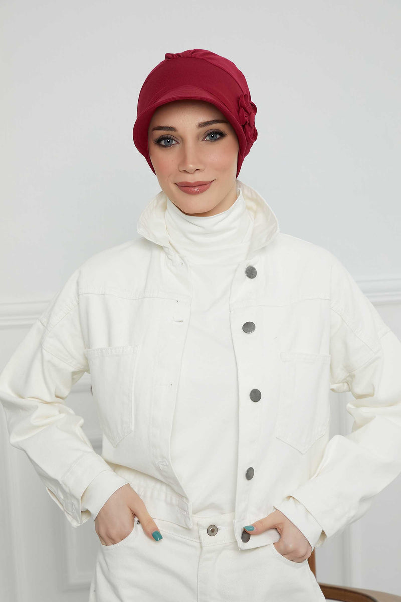 Sun Shield Visor Instant Turban with Flowers Accent, Floral Visor Cap for Women, Sun Protective Women Newsboy Hat, Cotton Chemo Bonnet,B-72 Maroon
