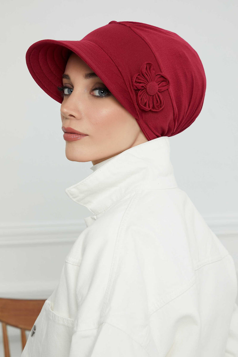 Sun Shield Visor Instant Turban with Flowers Accent, Floral Visor Cap for Women, Sun Protective Women Newsboy Hat, Cotton Chemo Bonnet,B-72 Maroon
