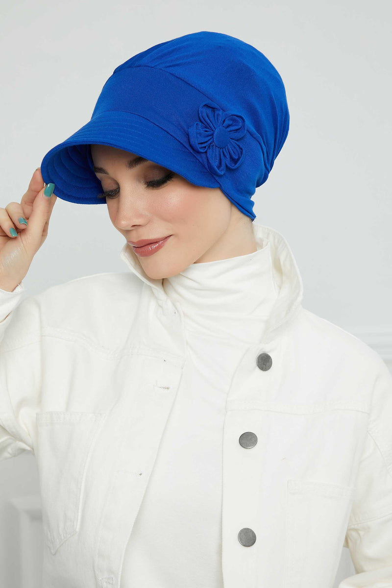 Sun Shield Visor Instant Turban with Flowers Accent, Floral Visor Cap for Women, Sun Protective Women Newsboy Hat, Cotton Chemo Bonnet,B-72 Sax Blue