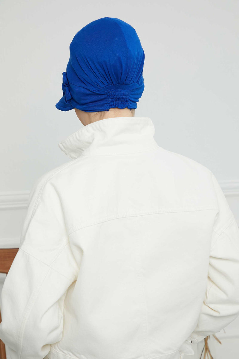 Sun Shield Visor Instant Turban with Flowers Accent, Floral Visor Cap for Women, Sun Protective Women Newsboy Hat, Cotton Chemo Bonnet,B-72 Sax Blue