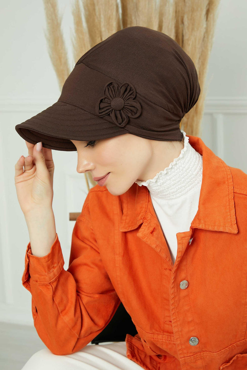 Sun Shield Visor Instant Turban with Flowers Accent, Floral Visor Cap for Women, Sun Protective Women Newsboy Hat, Cotton Chemo Bonnet,B-72 Brown