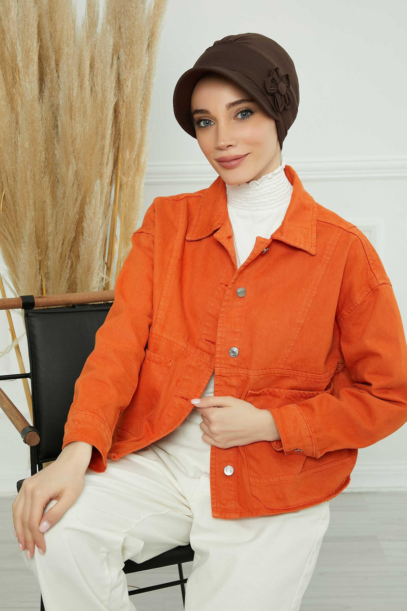 Sun Shield Visor Instant Turban with Flowers Accent, Floral Visor Cap for Women, Sun Protective Women Newsboy Hat, Cotton Chemo Bonnet,B-72 Brown