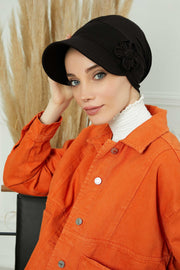 Sun Shield Visor Instant Turban with Flowers Accent, Floral Visor Cap for Women, Sun Protective Women Newsboy Hat, Cotton Chemo Bonnet,B-72 Black