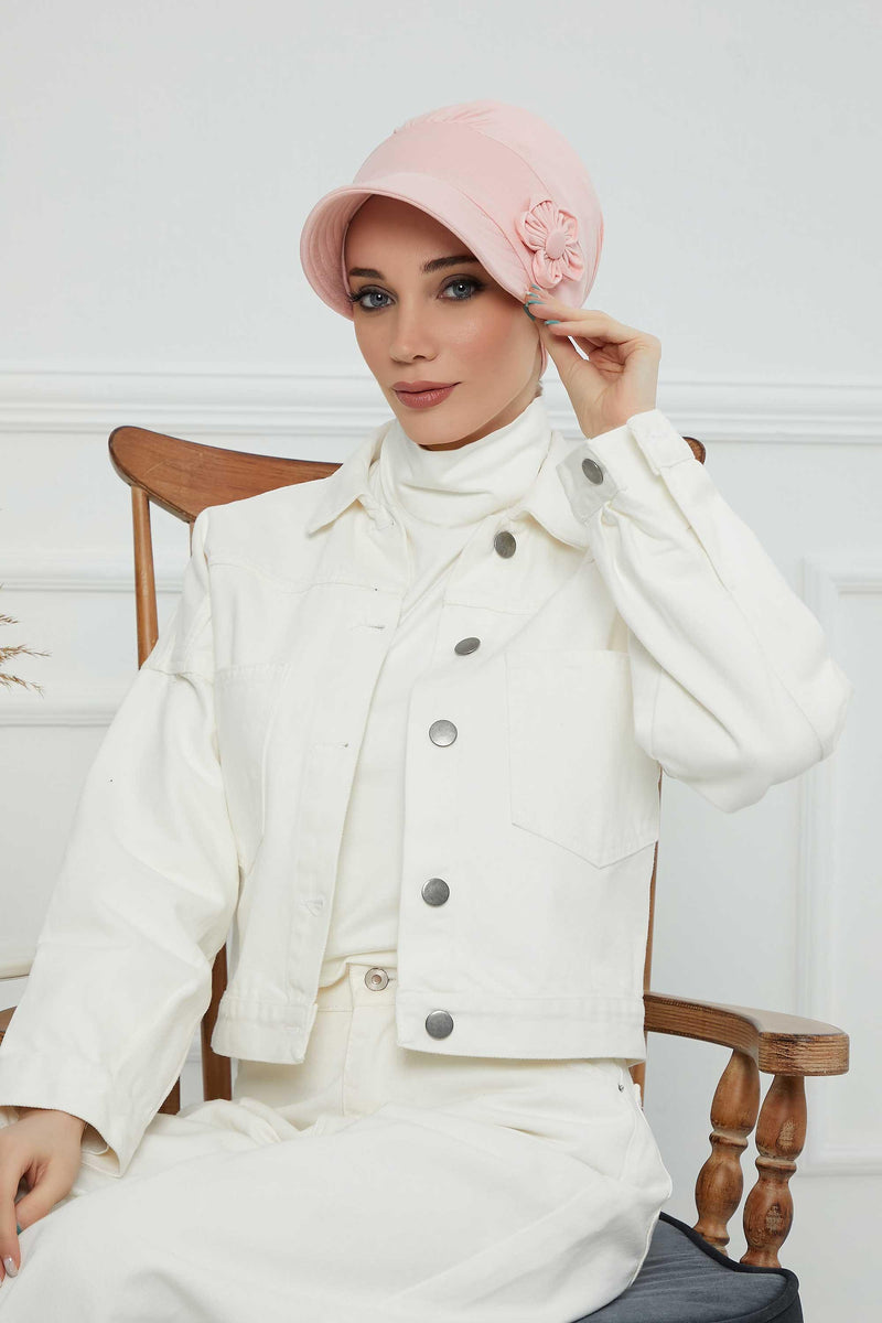 Sun Shield Visor Instant Turban with Flowers Accent, Floral Visor Cap for Women, Sun Protective Women Newsboy Hat, Cotton Chemo Bonnet,B-72 Powder