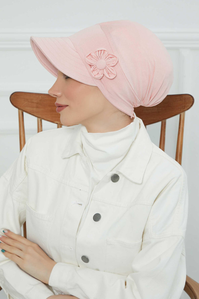 Sun Shield Visor Instant Turban with Flowers Accent, Floral Visor Cap for Women, Sun Protective Women Newsboy Hat, Cotton Chemo Bonnet,B-72 Powder