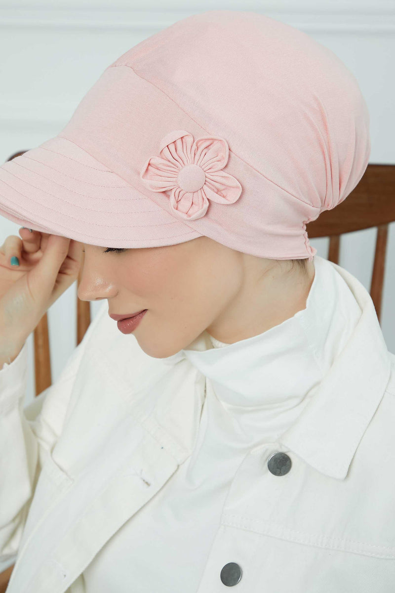Sun Shield Visor Instant Turban with Flowers Accent, Floral Visor Cap for Women, Sun Protective Women Newsboy Hat, Cotton Chemo Bonnet,B-72 Powder