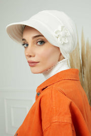 Sun Shield Visor Instant Turban with Flowers Accent, Floral Visor Cap for Women, Sun Protective Women Newsboy Hat, Cotton Chemo Bonnet,B-72 Ivory