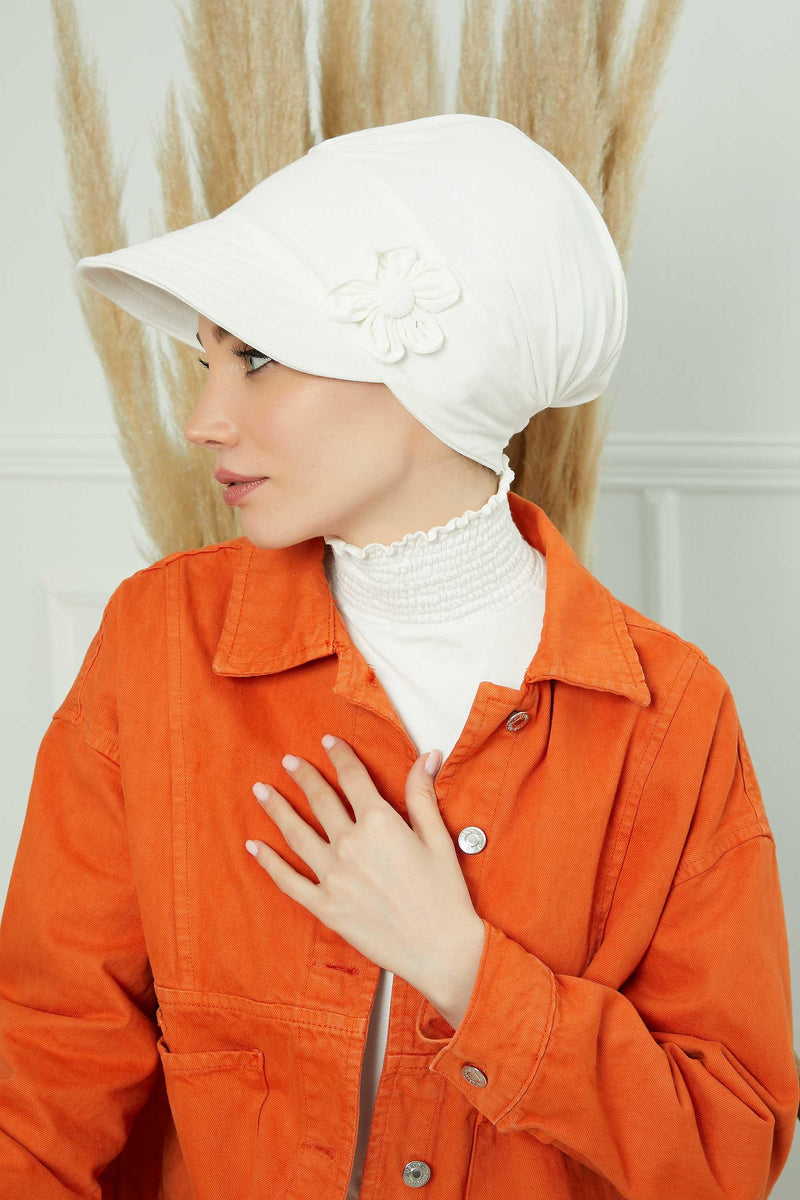 Sun Shield Visor Instant Turban with Flowers Accent, Floral Visor Cap for Women, Sun Protective Women Newsboy Hat, Cotton Chemo Bonnet,B-72 Ivory