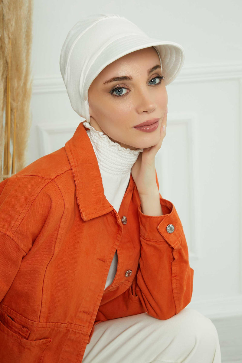 Sun Shield Visor Instant Turban with Flowers Accent, Floral Visor Cap for Women, Sun Protective Women Newsboy Hat, Cotton Chemo Bonnet,B-72 Ivory