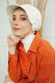 Sun Shield Visor Instant Turban with Flowers Accent, Floral Visor Cap for Women, Sun Protective Women Newsboy Hat, Cotton Chemo Bonnet,B-72 Ivory