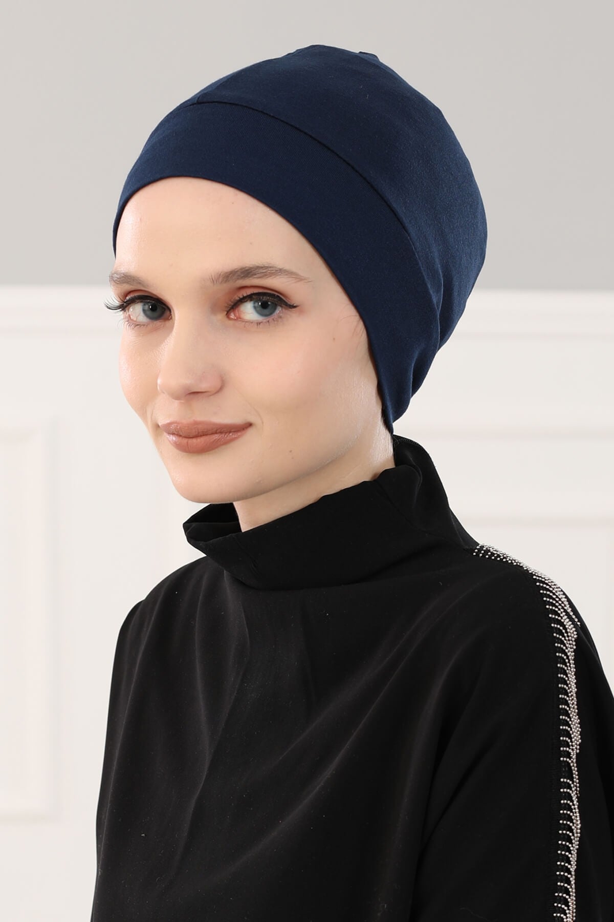Super Tight Cotton Inner Bonnet Cap, High Quality Easy Wrap Instant Underneath Bonnet for Women, Flexible 95% Cotton Chemo Headwear Cap,B-37 Navy Blue