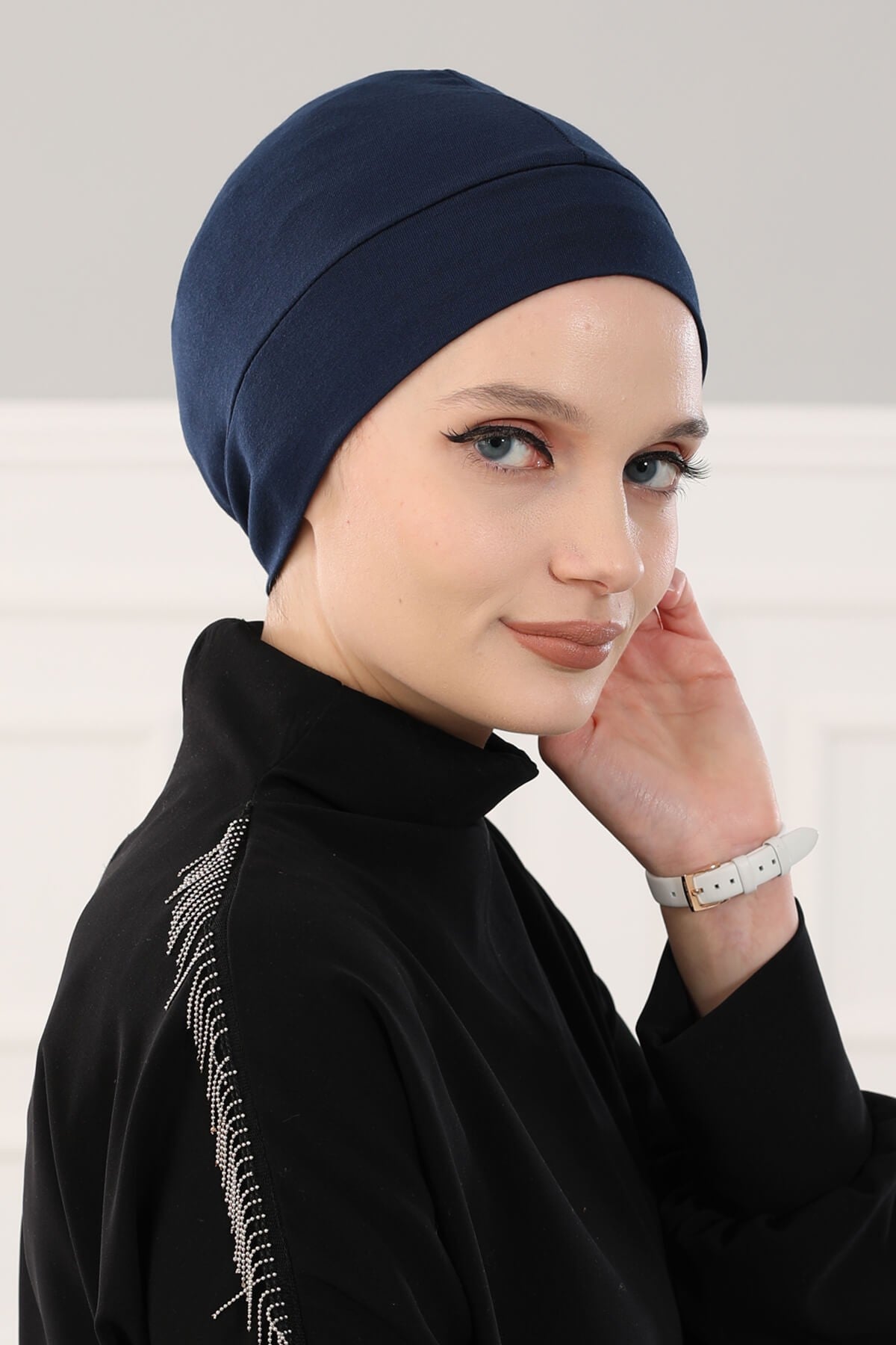 Super Tight Cotton Inner Bonnet Cap, High Quality Easy Wrap Instant Underneath Bonnet for Women, Flexible 95% Cotton Chemo Headwear Cap,B-37 Navy Blue