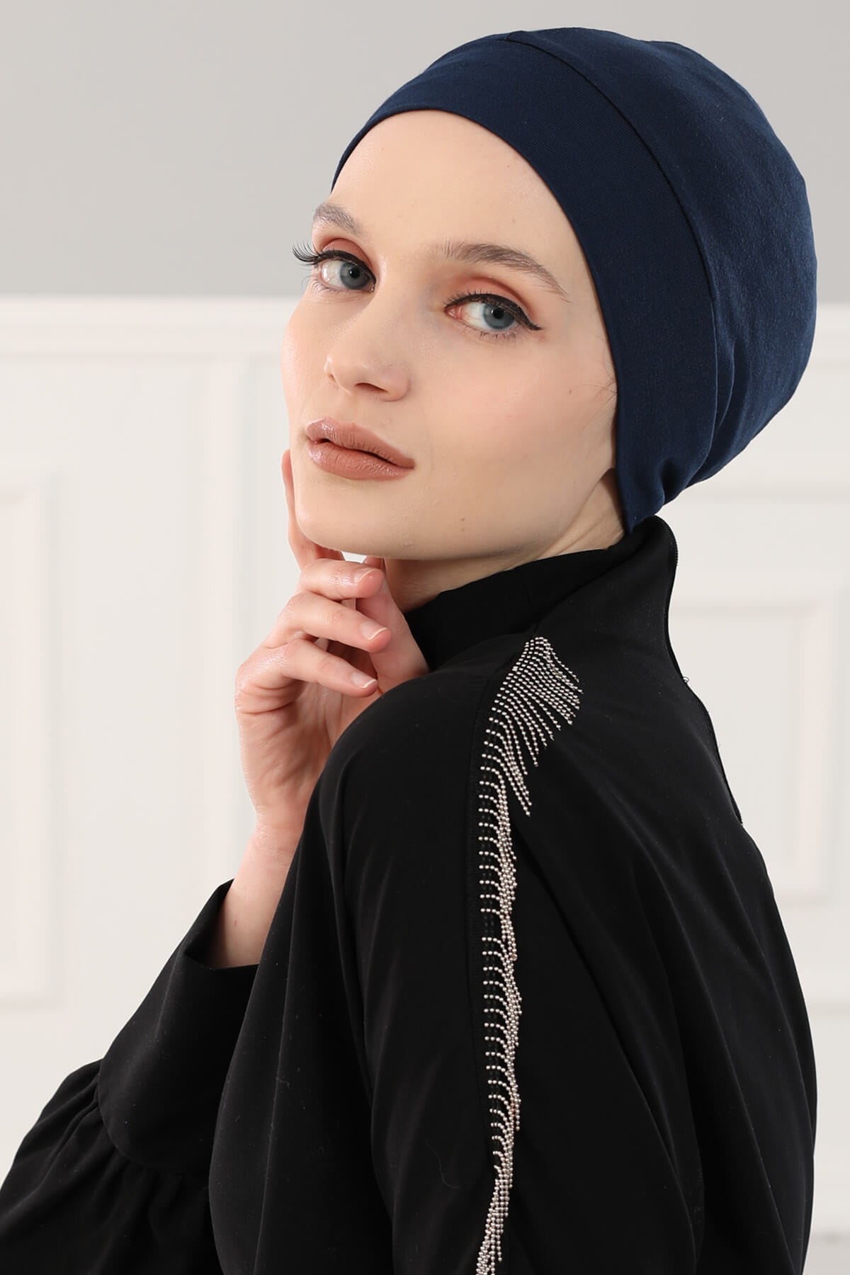 Super Tight Cotton Inner Bonnet Cap, High Quality Easy Wrap Instant Underneath Bonnet for Women, Flexible 95% Cotton Chemo Headwear Cap,B-37 Navy Blue
