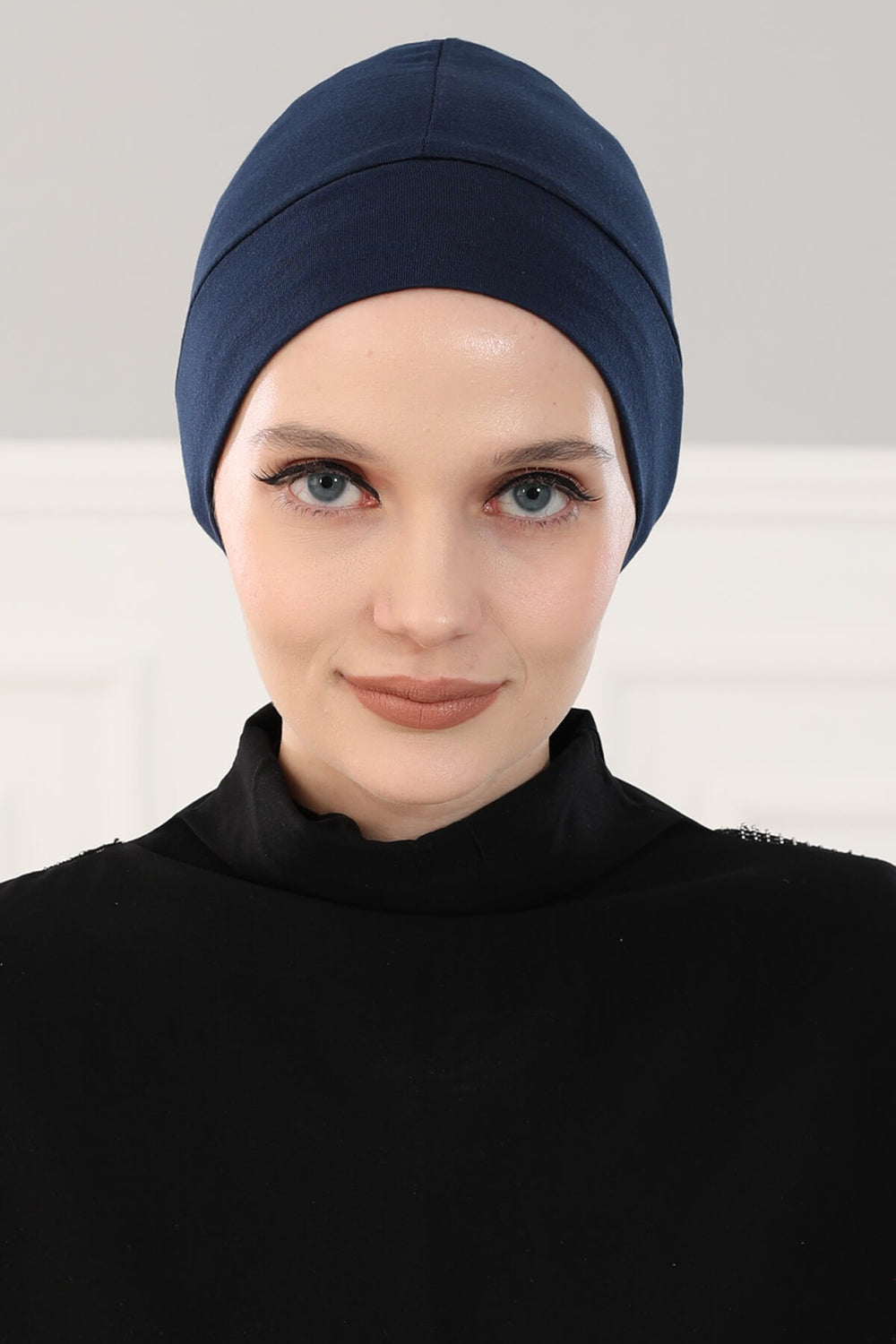 Super Tight Cotton Inner Bonnet Cap, High Quality Easy Wrap Instant Underneath Bonnet for Women, Flexible 95% Cotton Chemo Headwear Cap,B-37 Navy Blue