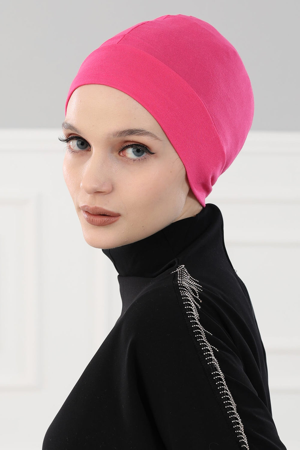 Super Tight Cotton Inner Bonnet Cap, High Quality Easy Wrap Instant Underneath Bonnet for Women, Flexible 95% Cotton Chemo Headwear Cap,B-37 Fuchsia