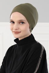 Super Tight Cotton Inner Bonnet Cap, High Quality Easy Wrap Instant Underneath Bonnet for Women, Flexible 95% Cotton Chemo Headwear Cap,B-37 Army Green