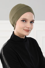 Super Tight Cotton Inner Bonnet Cap, High Quality Easy Wrap Instant Underneath Bonnet for Women, Flexible 95% Cotton Chemo Headwear Cap,B-37 Army Green