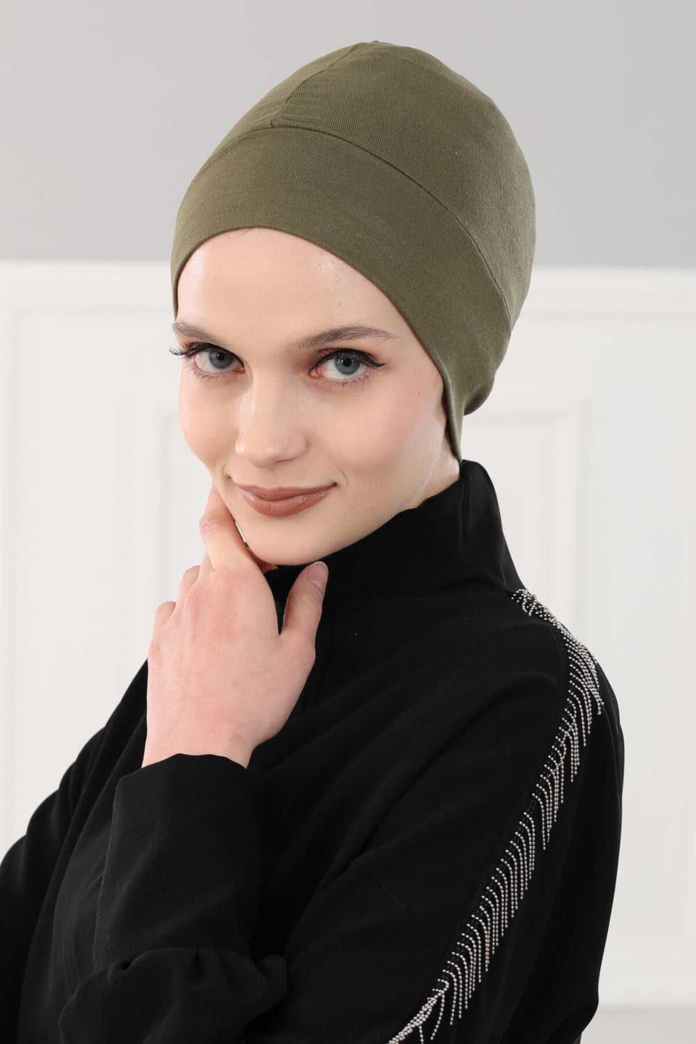 Super Tight Cotton Inner Bonnet Cap, High Quality Easy Wrap Instant Underneath Bonnet for Women, Flexible 95% Cotton Chemo Headwear Cap,B-37 Army Green