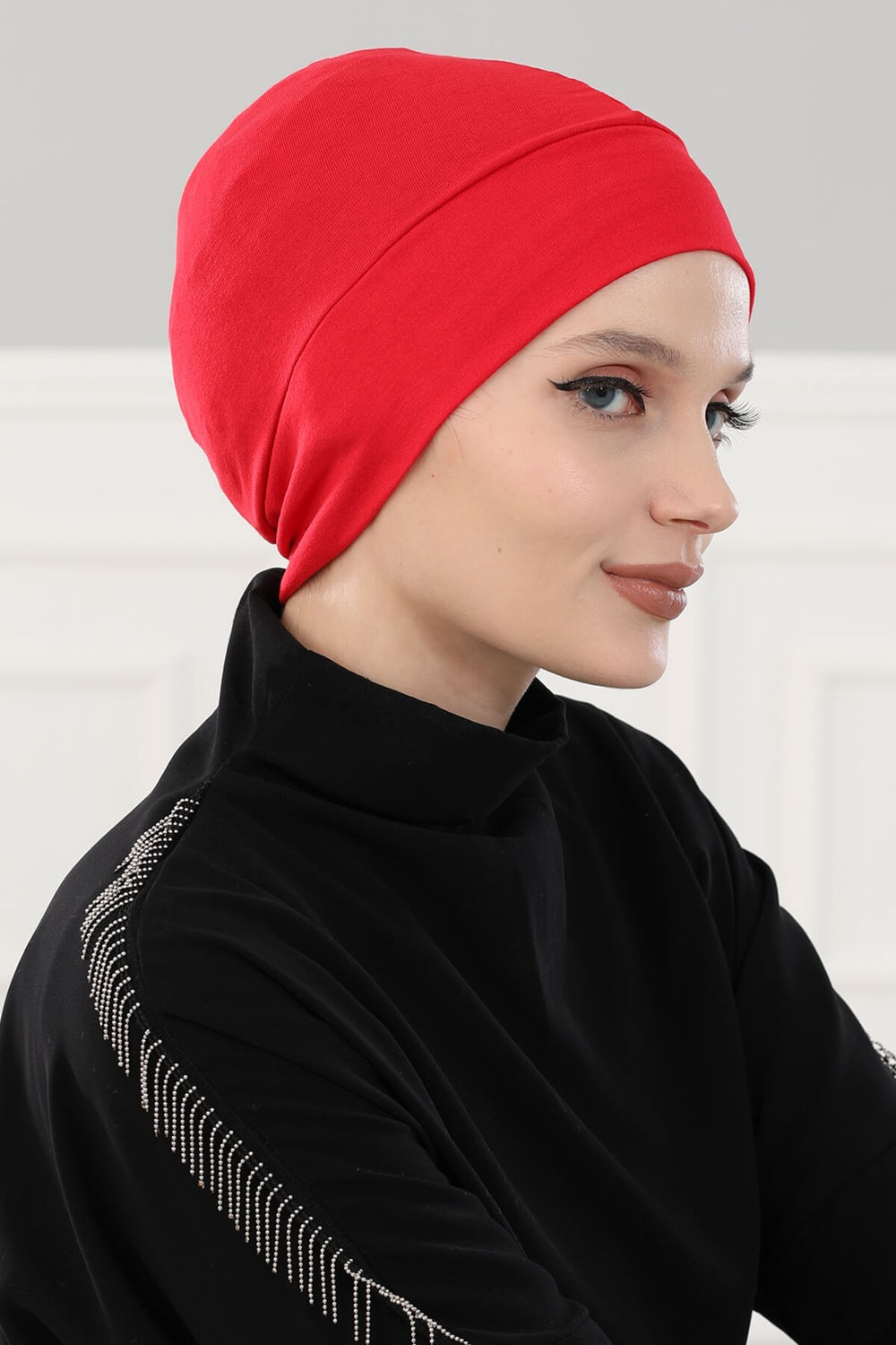 Super Tight Cotton Inner Bonnet Cap, High Quality Easy Wrap Instant Underneath Bonnet for Women, Flexible 95% Cotton Chemo Headwear Cap,B-37 Red