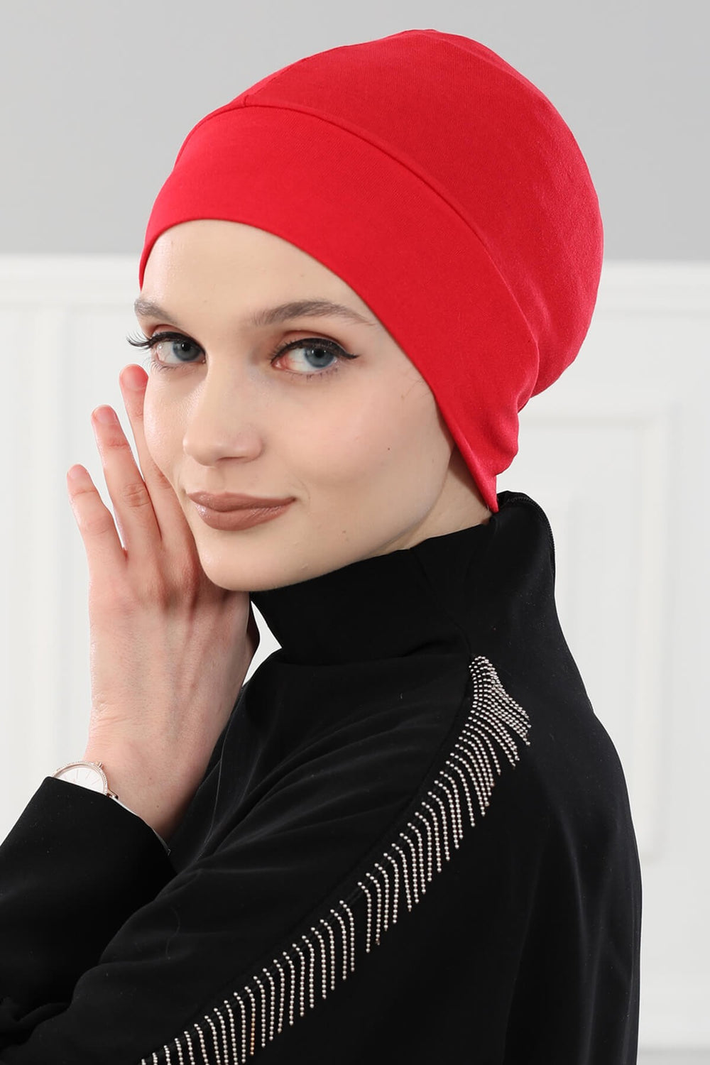Super Tight Cotton Inner Bonnet Cap, High Quality Easy Wrap Instant Underneath Bonnet for Women, Flexible 95% Cotton Chemo Headwear Cap,B-37 Red