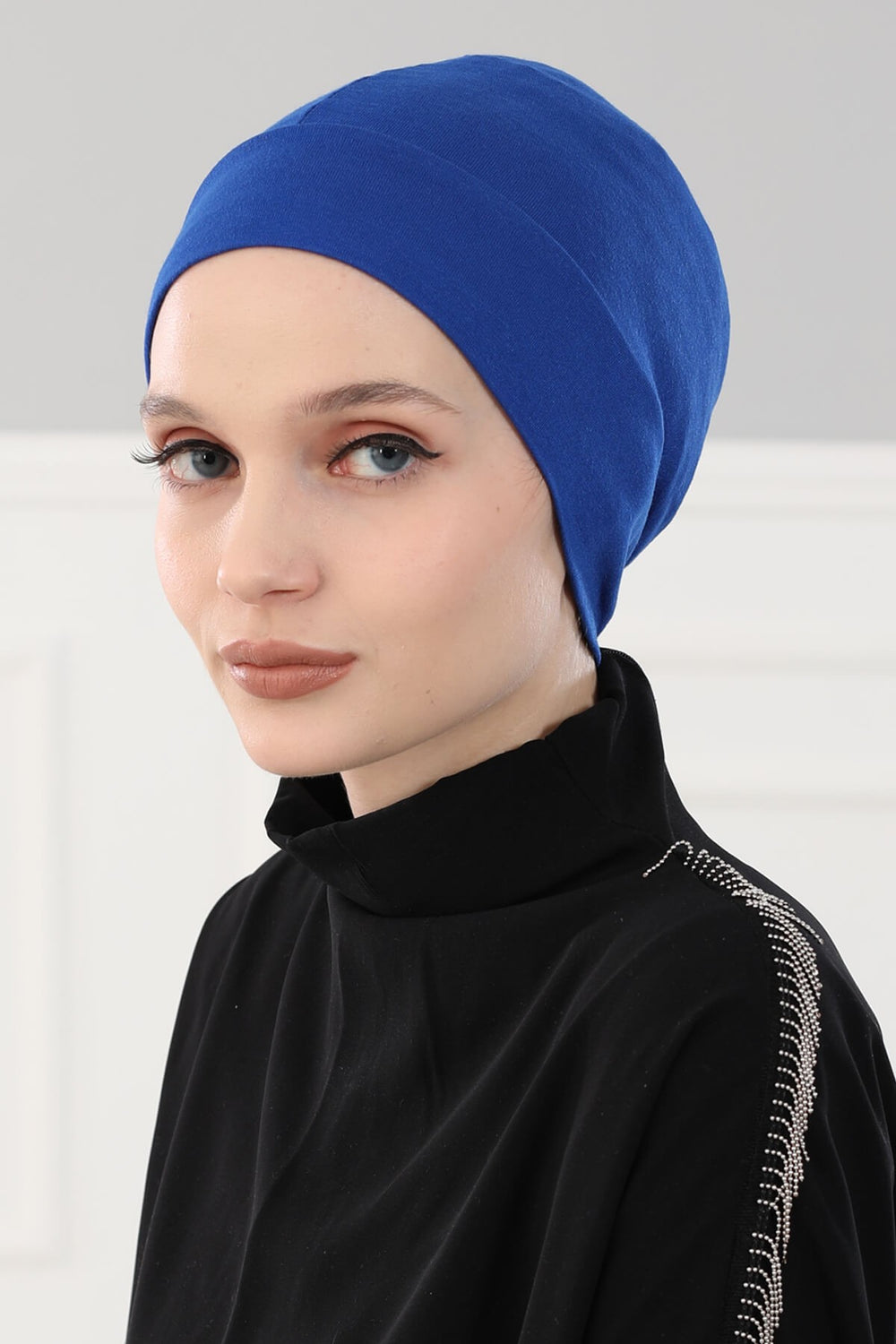 Super Tight Cotton Inner Bonnet Cap, High Quality Easy Wrap Instant Underneath Bonnet for Women, Flexible 95% Cotton Chemo Headwear Cap,B-37 Sax Blue