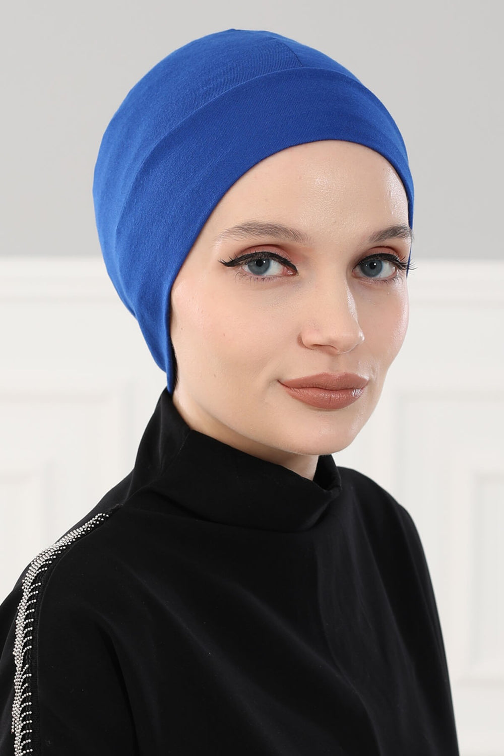 Super Tight Cotton Inner Bonnet Cap, High Quality Easy Wrap Instant Underneath Bonnet for Women, Flexible 95% Cotton Chemo Headwear Cap,B-37 Sax Blue