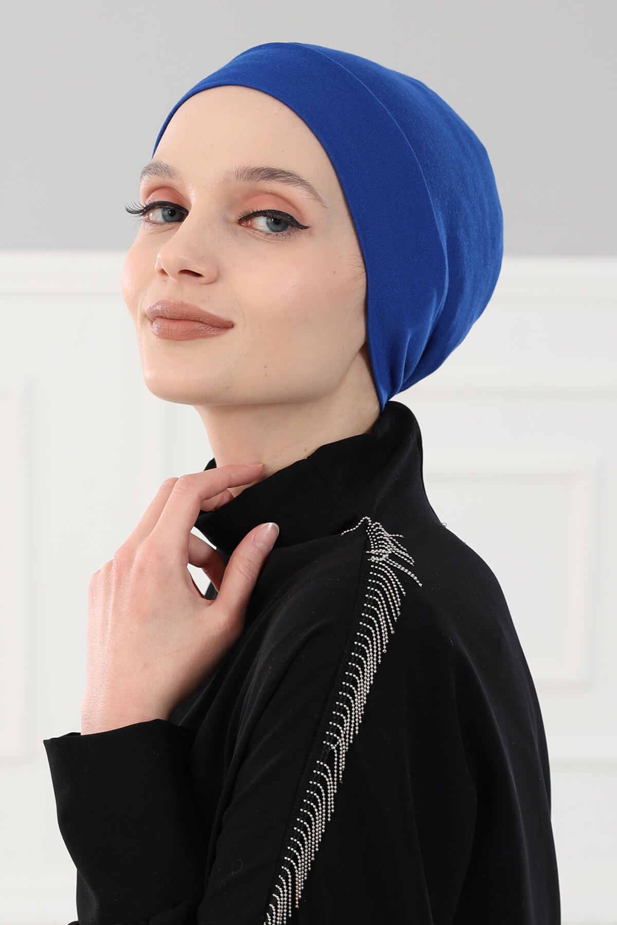 Super Tight Cotton Inner Bonnet Cap, High Quality Easy Wrap Instant Underneath Bonnet for Women, Flexible 95% Cotton Chemo Headwear Cap,B-37 Sax Blue