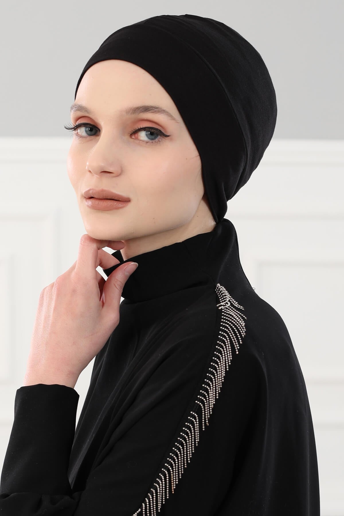 Super Tight Cotton Inner Bonnet Cap, High Quality Easy Wrap Instant Underneath Bonnet for Women, Flexible 95% Cotton Chemo Headwear Cap,B-37 Black