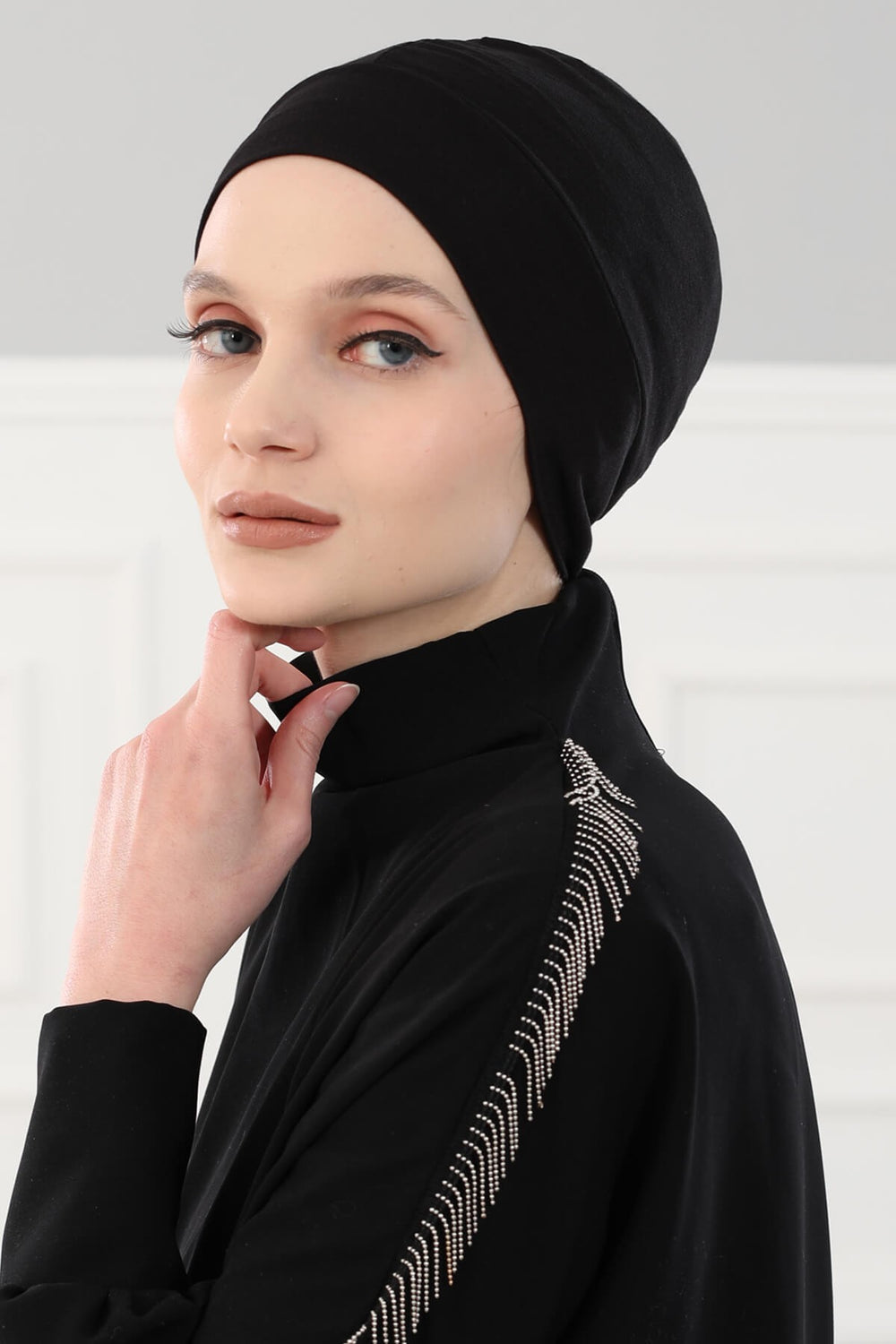 Super Tight Cotton Inner Bonnet Cap, High Quality Easy Wrap Instant Underneath Bonnet for Women, Flexible 95% Cotton Chemo Headwear Cap,B-37 Black