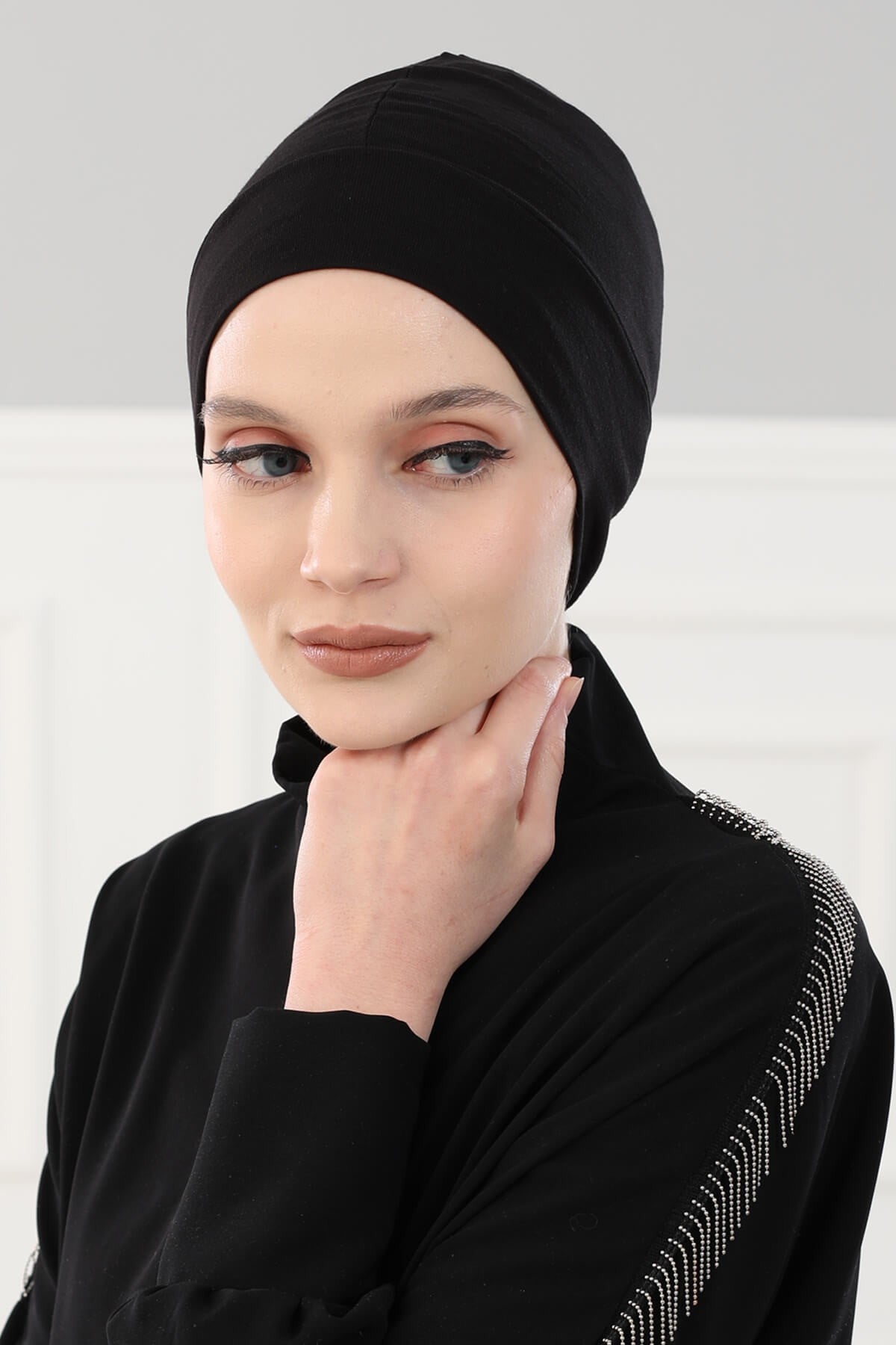 Super Tight Cotton Inner Bonnet Cap, High Quality Easy Wrap Instant Underneath Bonnet for Women, Flexible 95% Cotton Chemo Headwear Cap,B-37 Black
