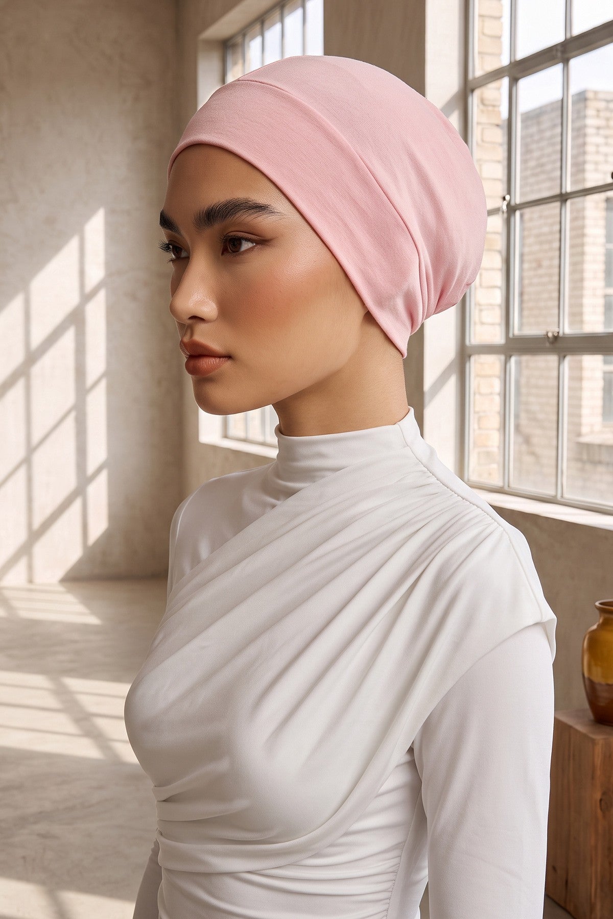 Super Tight Cotton Inner Bonnet Cap, High Quality Easy Wrap Instant Underneath Bonnet for Women, Flexible 95% Cotton Chemo Headwear Cap,B-37 Powder